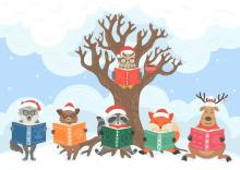 A cartoon of woodland animals holding books in front of a tree in the snow