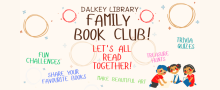 A group of children smiling and reading, with text saying Family Book Clun, let's all read together