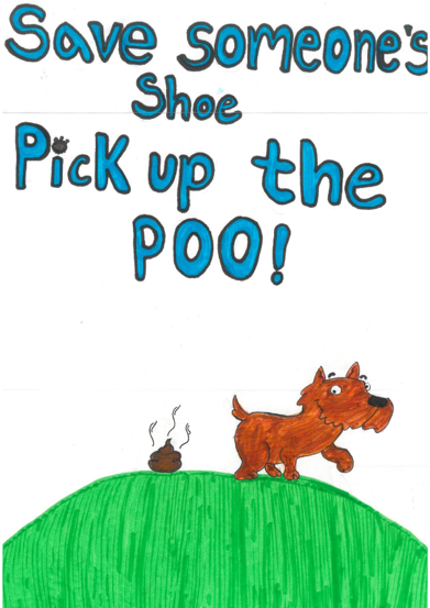 Dog Fouling poster featuring a dog walking in the park on a sunny day with the slogan: save someones shoe pick up the poo!