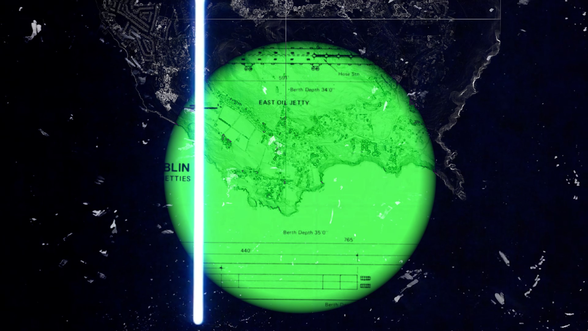 image shows bright green circular map highlighted against a black background