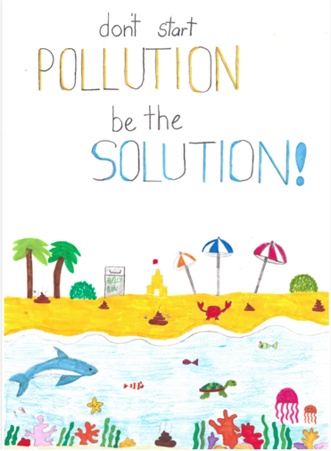 A beach on a sunny day with umbrellas and dogs and dog poo. There is also underwwater scenes below. the slogan is : Dont start pollution be the solution