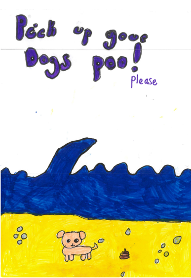 A dog standing beside a poo on a beach in front of big waves with the slogan: pick up your dogs poo!