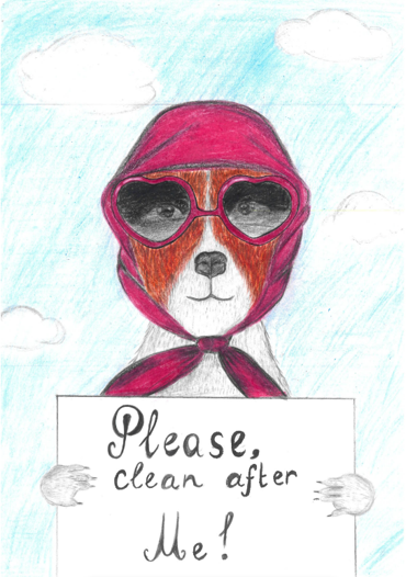 A dog portrait wearing a headscarf holds a sign that says please clean after me