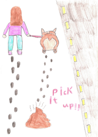 Dog Fouling poster featuring a dog being walked in the park walking away from a dog poo with the slogan: pick it up!