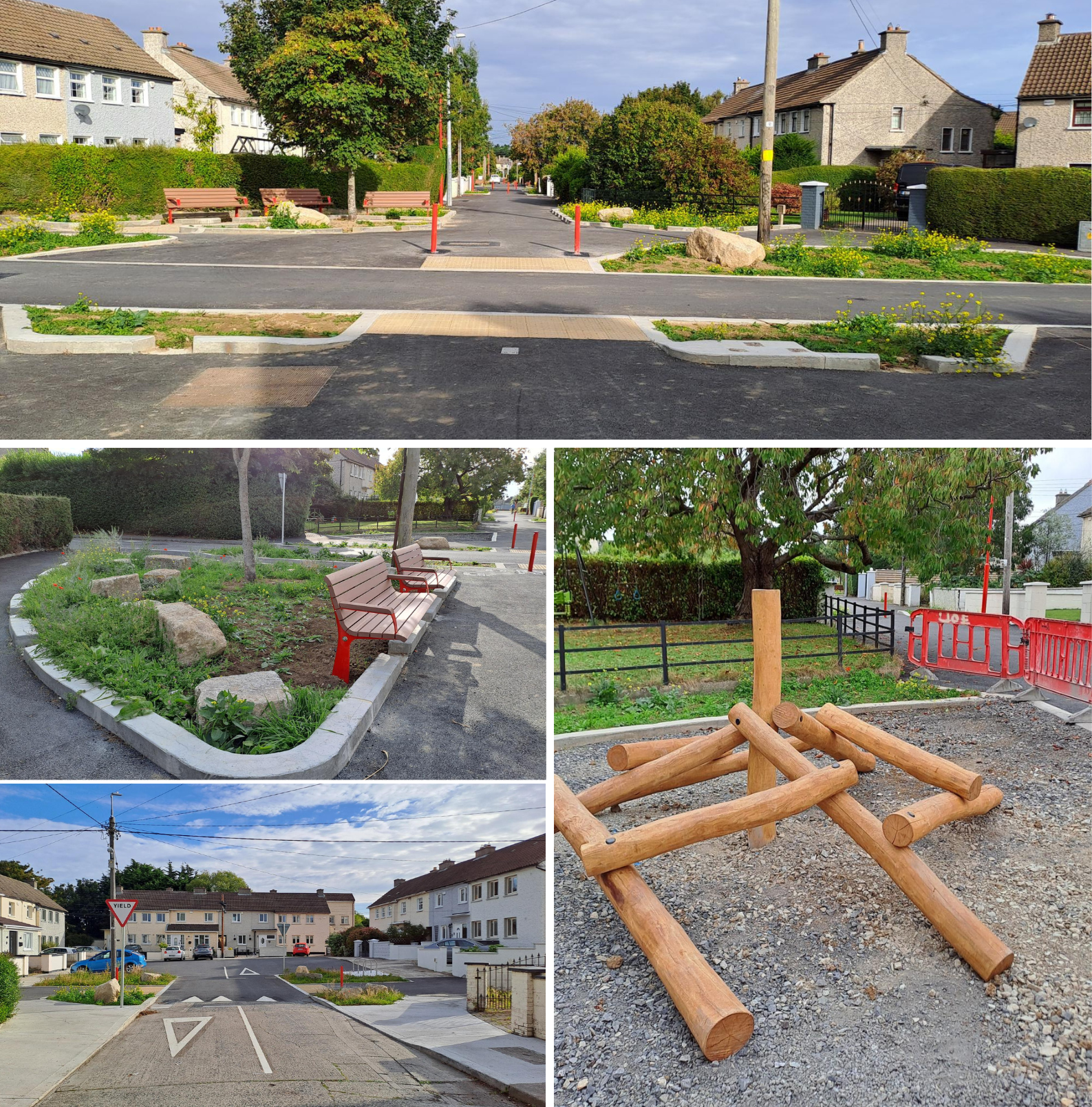 A collage of images showcasing a street lined with a park and a vibrant playground for children.