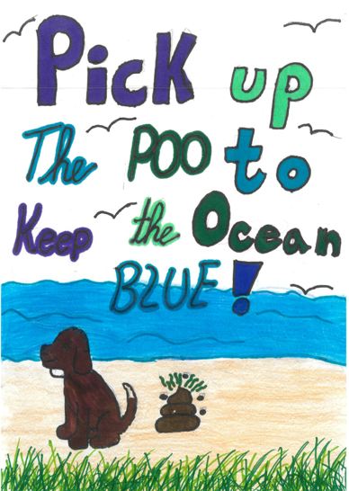 A dog sitting on a beach on a sunny day with the blue ocean behing. The slogan: Pick up the poo to keep the ocean blue!