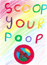 Scoop your poop written on a colourful background with a dog poo crossed out underneath