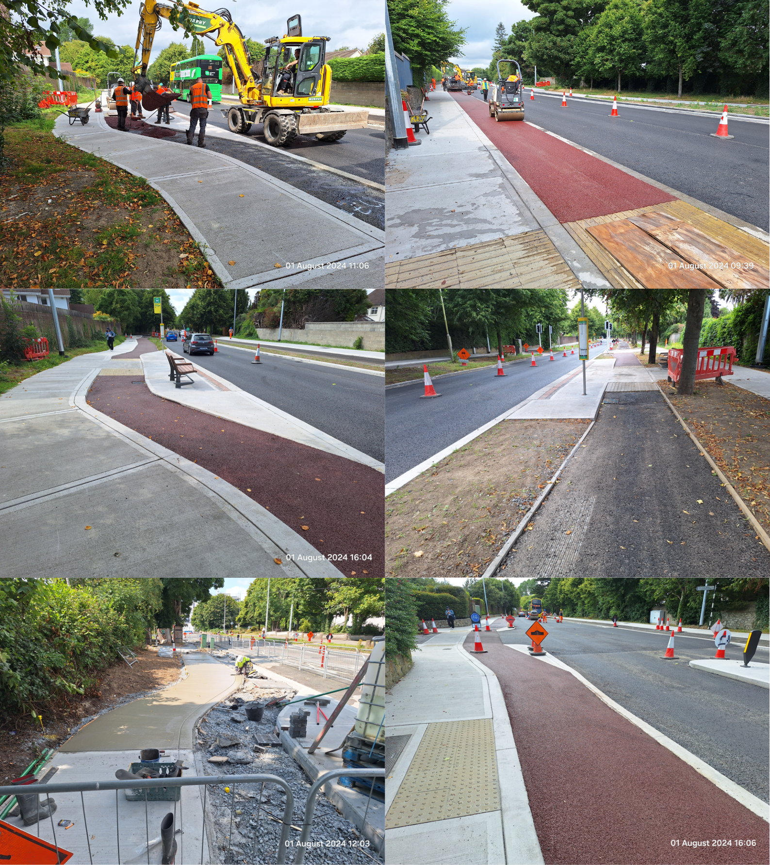 A collage of images depicting various stages of road construction, showcasing machinery and workers in action.