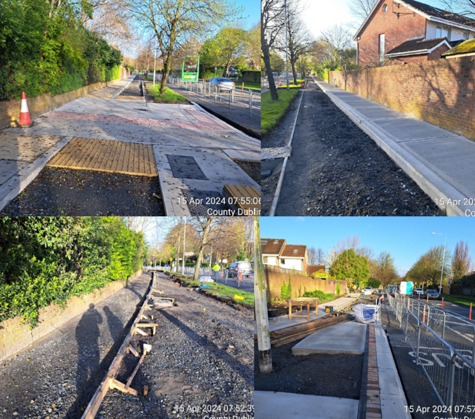 A collage of images showcasing a road alongside a well-maintained sidewalk, illustrating urban infrastructure and pedestrian access.