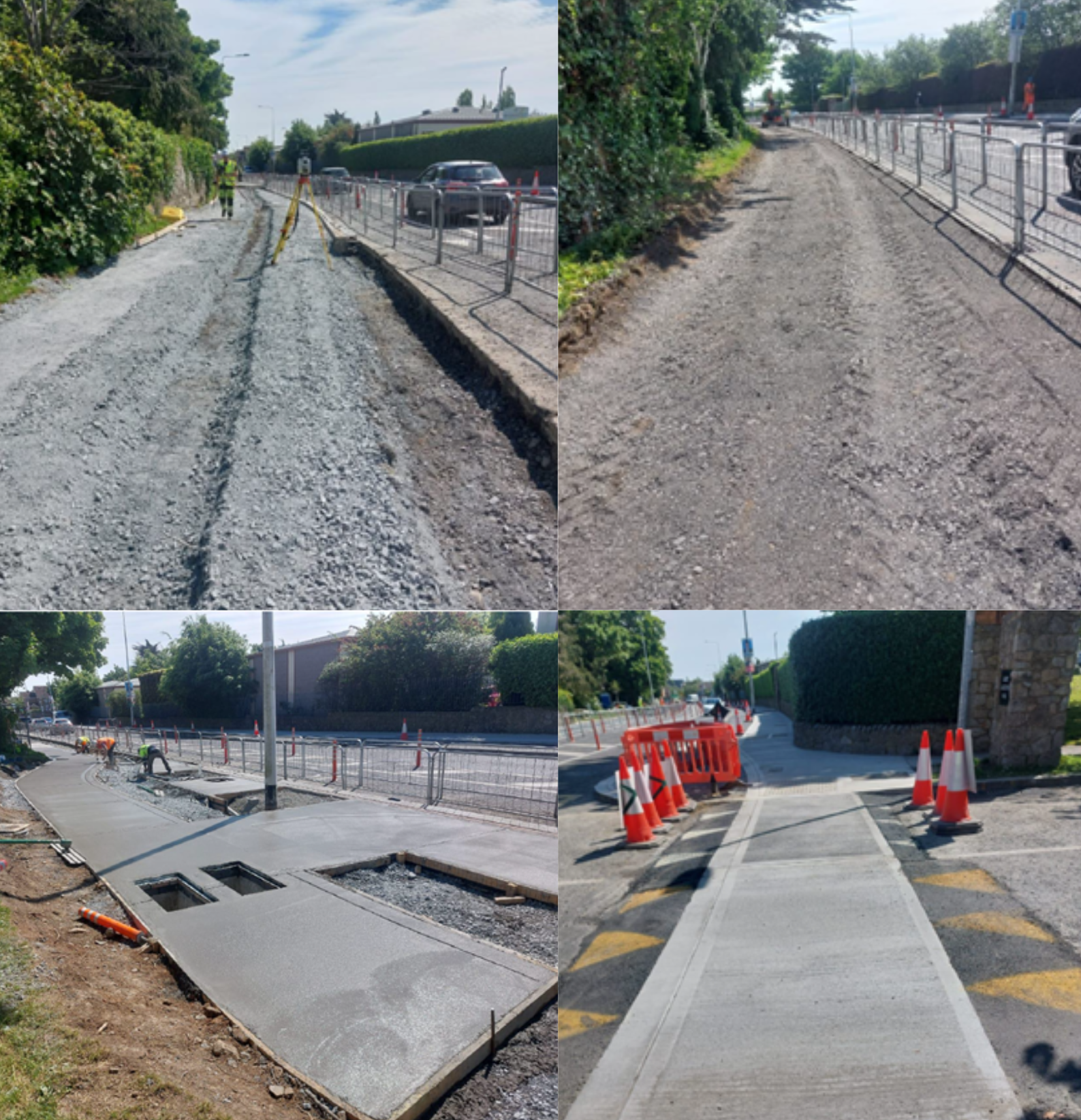 Four images depicting the stages of road construction, showcasing machinery, workers, and progress in the project.