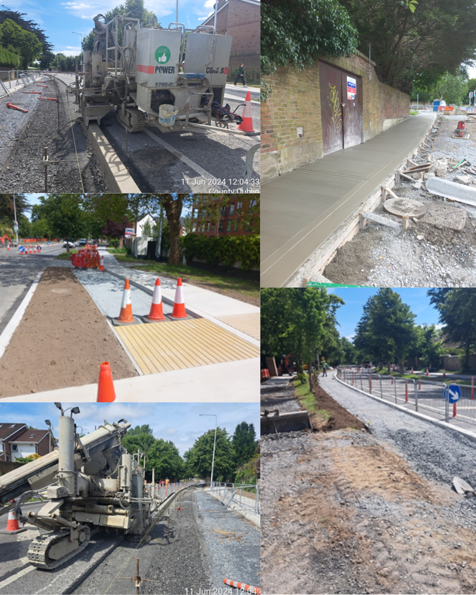 A collage depicting various stages of road construction, showcasing workers, machinery, and ongoing projects.