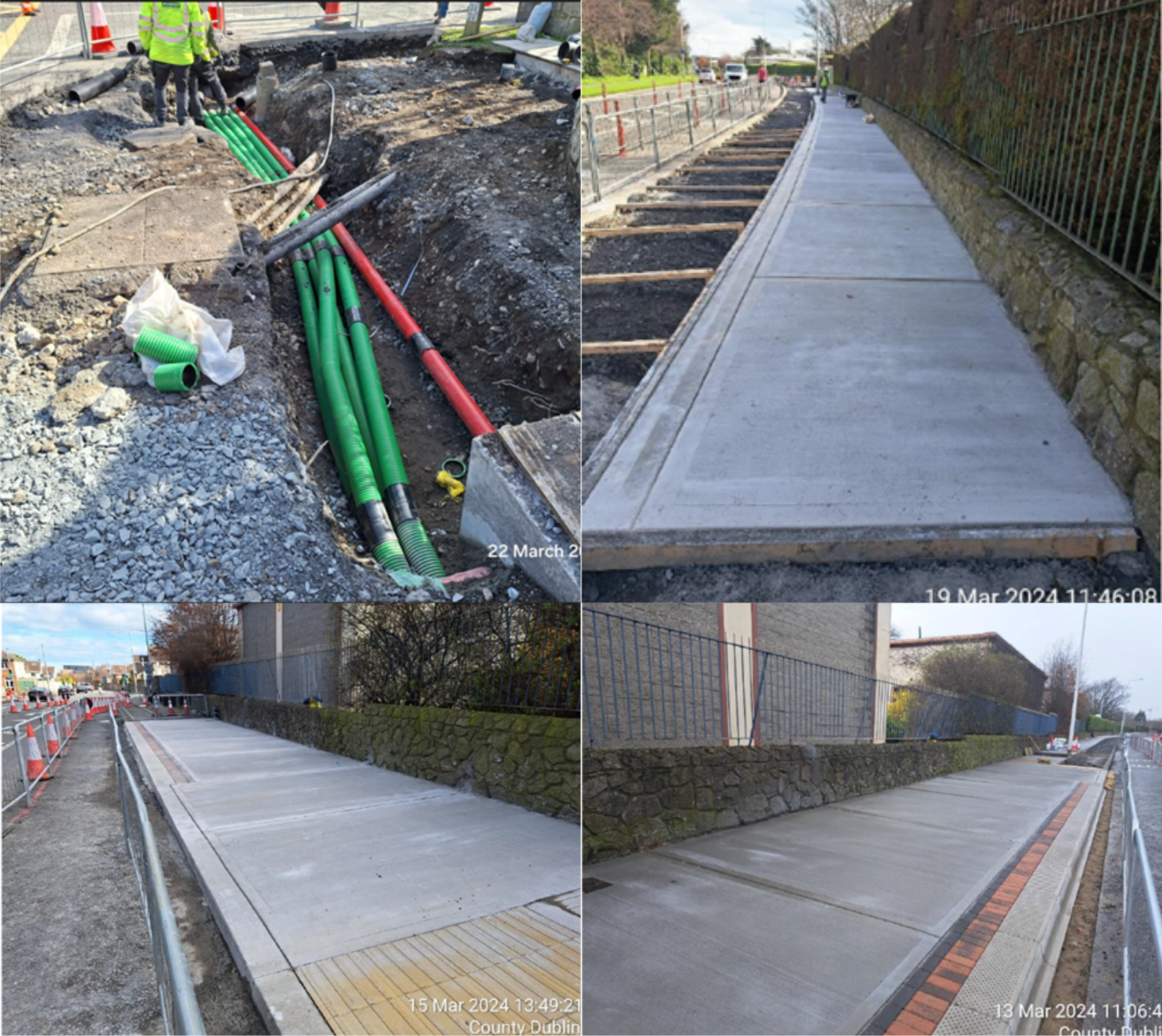 Four images depicting the construction process of a concrete sidewalk, showcasing various stages of development.