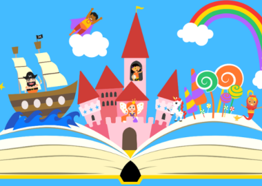 Illustration of an open book with fairytale characters and rainbows