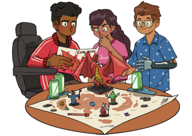 Illustration of three people playing dungeons and dragons game