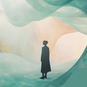 surreal illustration that shows a silhouette of a woman standing in a swirling cloud like cave. the walls are green an pink.