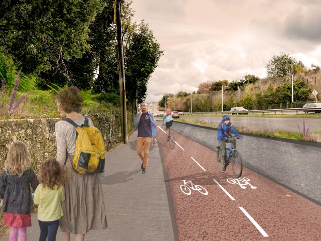 An illustration An illustration of sidewalk & bike path populated by pedestrians & cyclists enjoying a leisurely walk & ride in a natural setting.