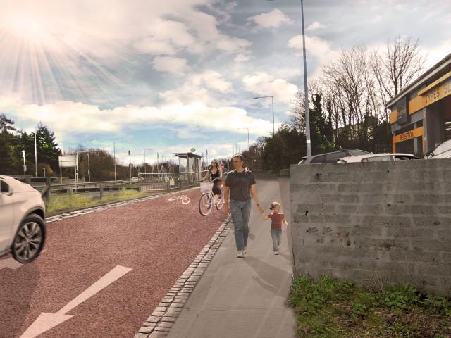 An illustration An illustration of sidewalk & bike path populated by pedestrians & cyclists enjoying a leisurely walk & ride in a natural setting.